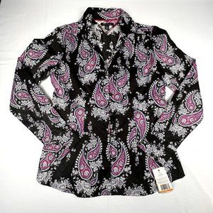 NWT Tommy Hilfiger Long Sleeve Blouse Small Black Purple Paisley